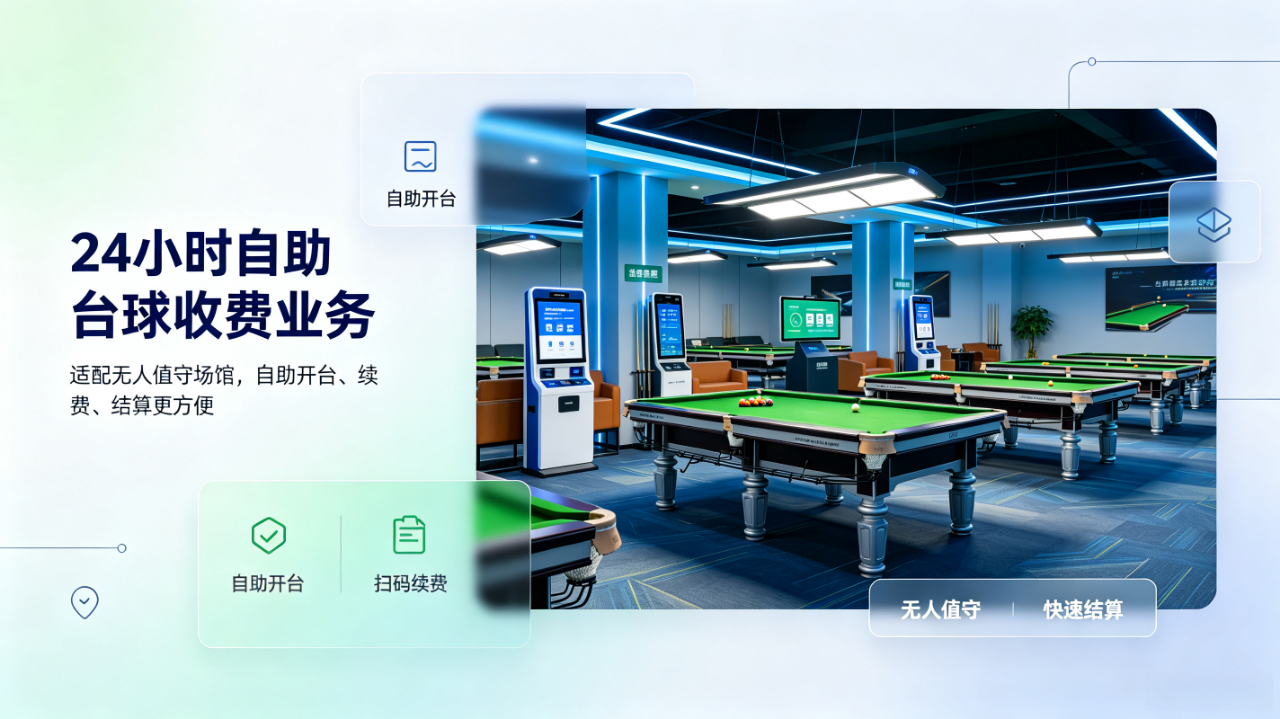 广州番禺创悦科技服务部24小时自助台球收费业务合作场景